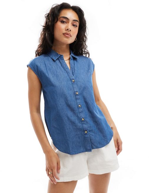 JDY short sleeve denim shirt in mid blue | ASOS