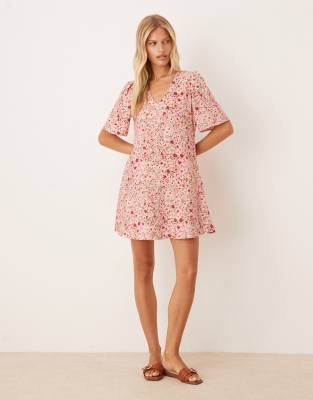 JDY short sleeve flower print mini dress in pink