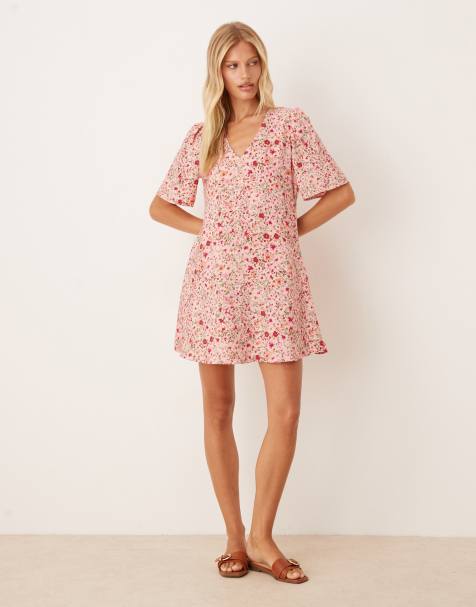 JDY short sleeve flower print mini dress in pink - view 1