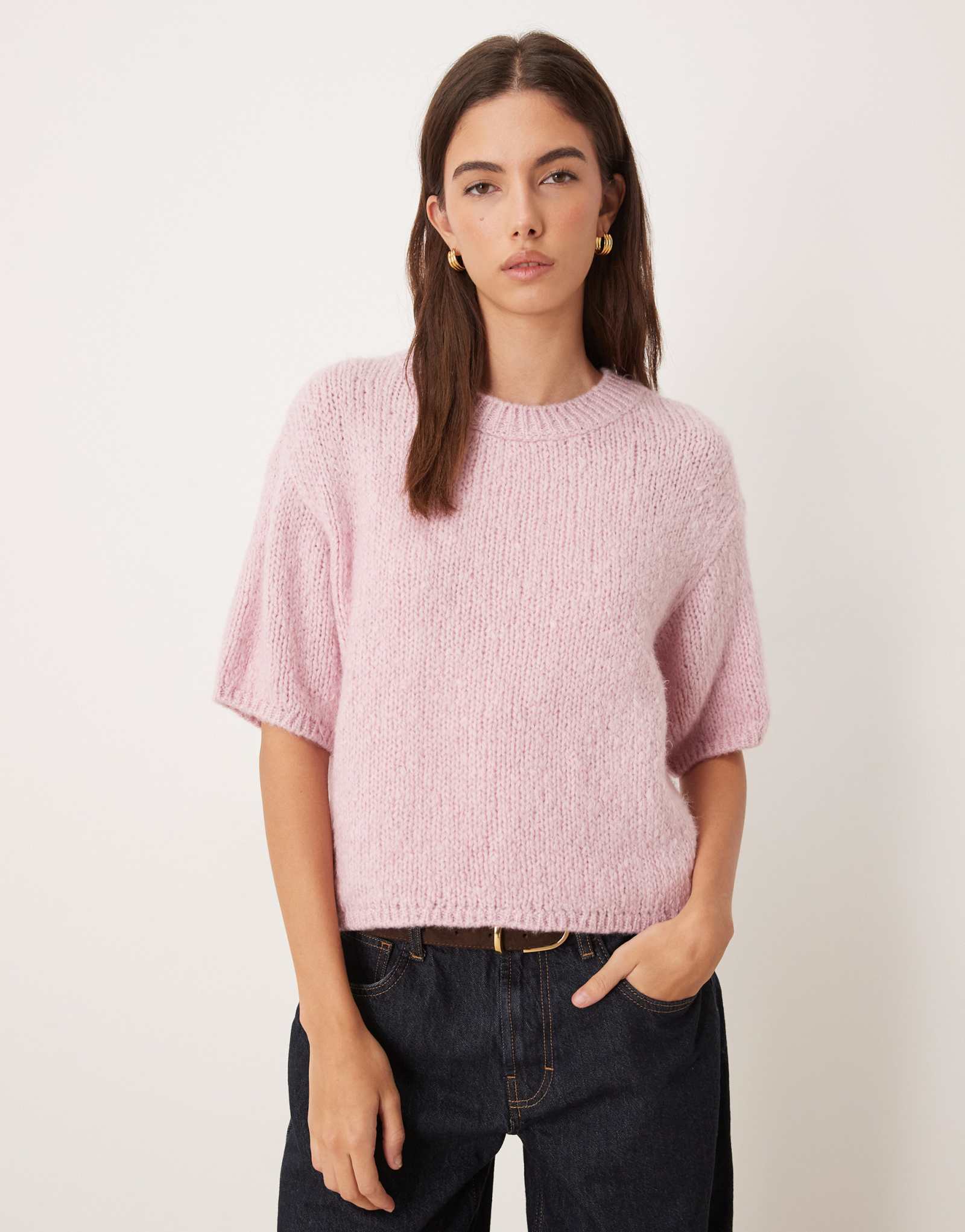 Вязаный свитер JDY с коротким рукавом светло-розового цвета