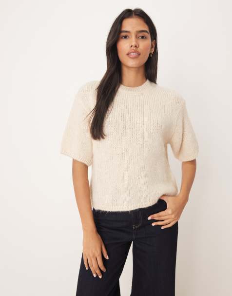 JDY short sleeve knit sweater in stone - view 1