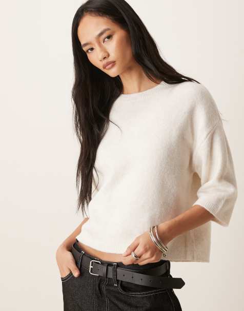 JDY short sleeve knit sweater with wool in light beige - view 1