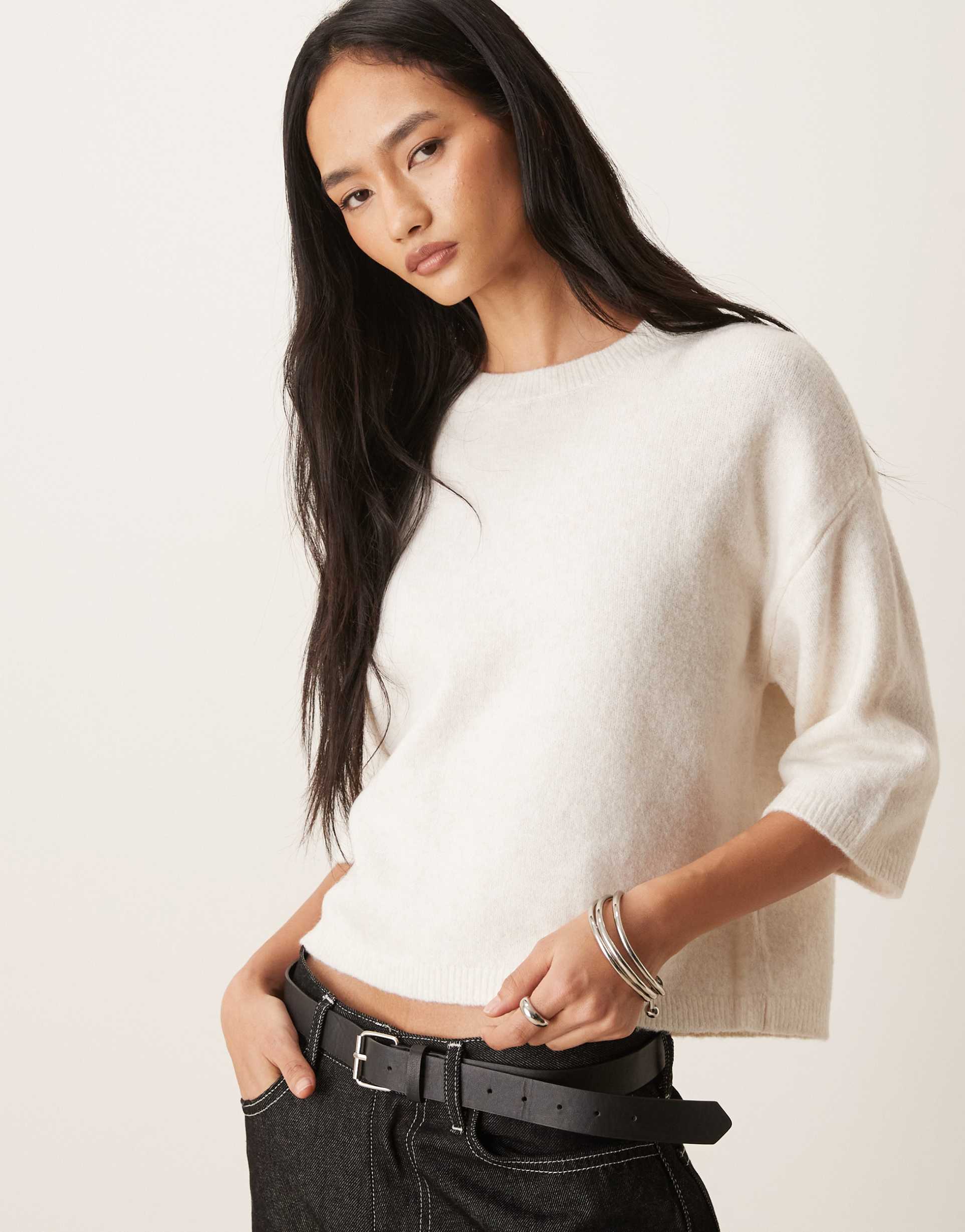 jdy short sleeve knit sweater with wool in light beige