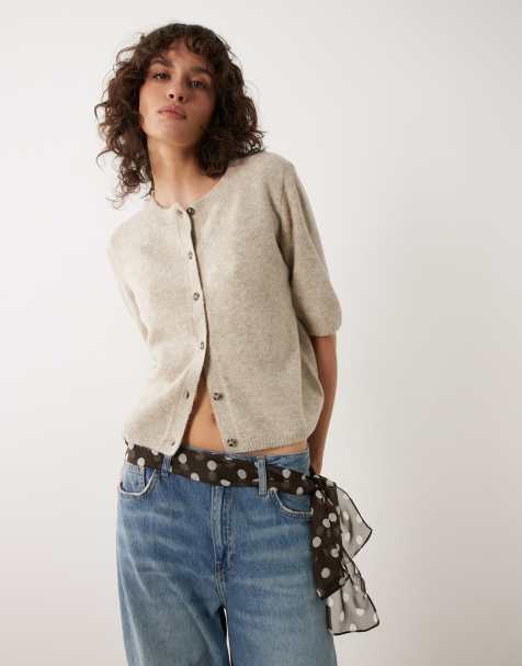 JDY short sleeve knitted cardigan with wool in beige