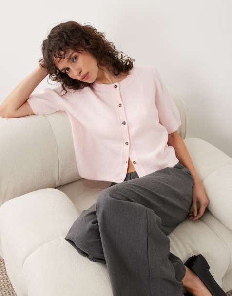 JDY short sleeve knitted cardigan with wool in light pink - view 1