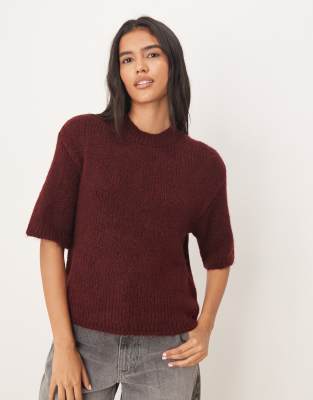 JDY JDY short sleeve knitted jumper in burgundy-Red