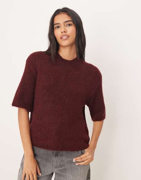 JDY short sleeve knitted jumper in burgundy