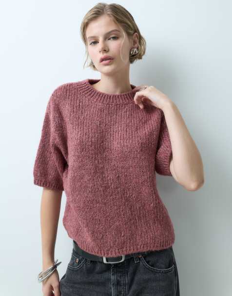 JDY short sleeve knitted jumper in dark pink - view 1