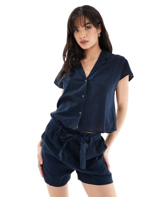 JDY short sleeve linen shirt in navy (part of a set)
