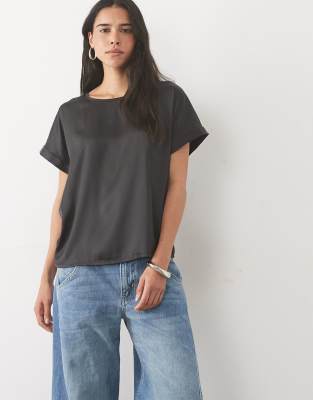 Jdy Short Sleeve Satin Top In Black