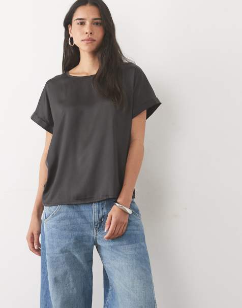 JDY short sleeve satin top in black - view 1
