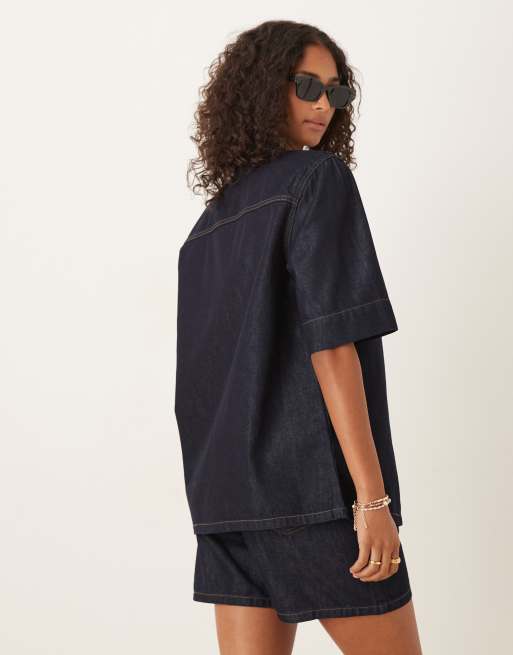 JDY short sleeve shirt in dark blue denim (Part of a set), 4 of 4