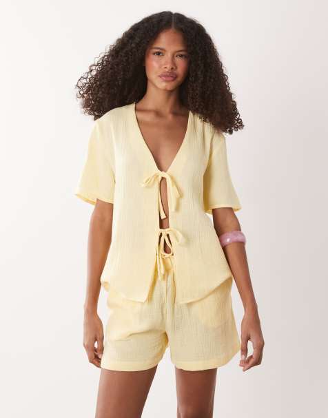 JDY short sleeve tie front cheesecloth shirt co-ord in buttermilk - view 1