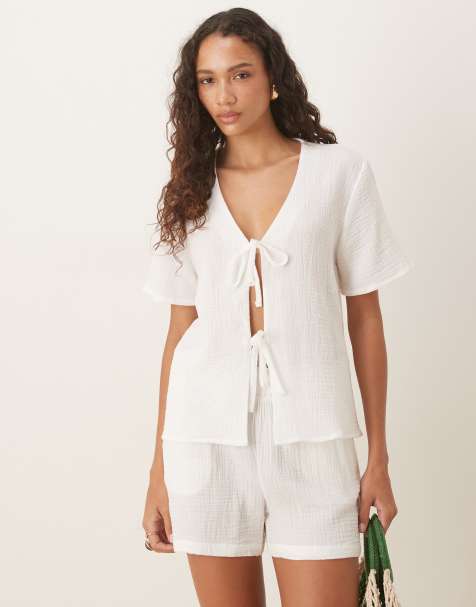 JDY short sleeve tie front cheesecloth shirt co-ord in off white - view 1