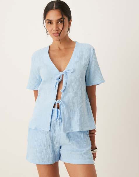 JDY short sleeve tie front cheesecloth shirt co-ord in powder blue - view 1