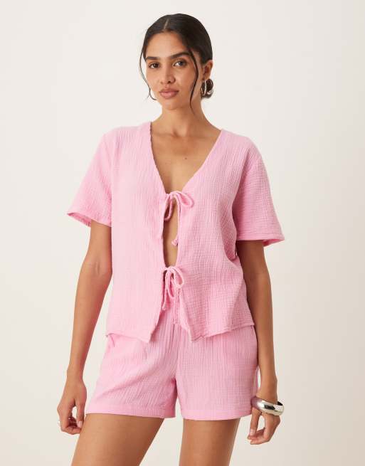 JDY short sleeve tie front cheesecloth shirt in pink - part of a set, 2 of 4