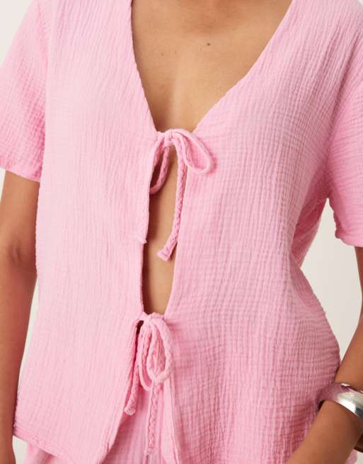 JDY short sleeve tie front cheesecloth shirt in pink - part of a set, 3 of 4