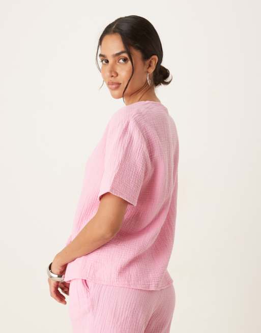 JDY short sleeve tie front cheesecloth shirt in pink - part of a set, 4 of 4