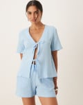 [JDY] JDY short sleeve tie front cheesecloth shirt in powder blue (part of a set) L Airy blue