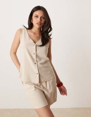 JDY - Shorts aus Leinenmix in Beige mit Bindegürtel, Kombiteil-Neutral