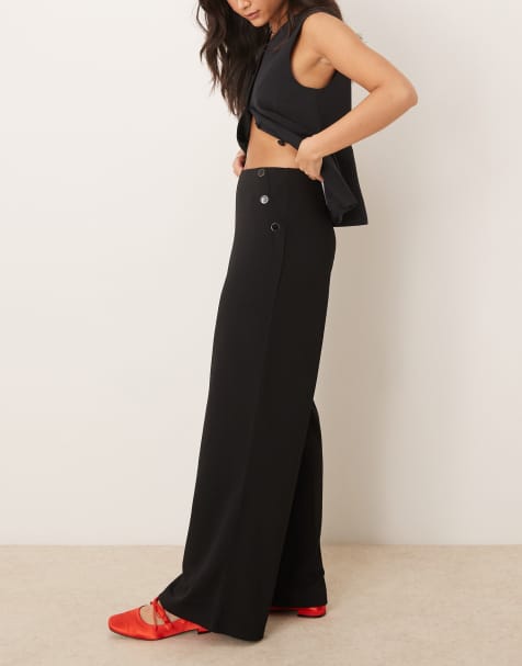 JDY side button detail pants in black - view 1