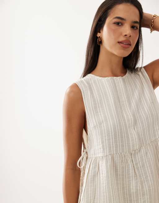 JDY side tie details top co-ord in cream with black pinstripe, 3 of 4