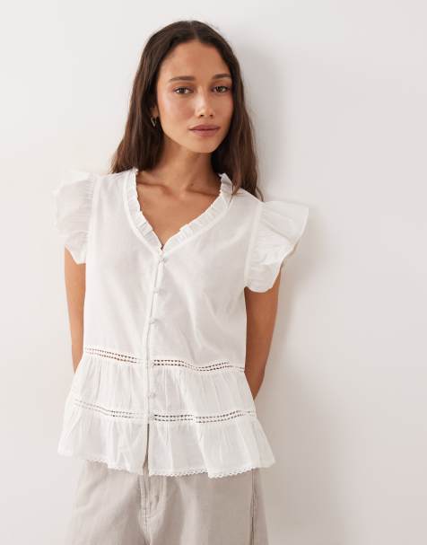 JDY sleeveless v-neck shirt with frill detail in white - view 1