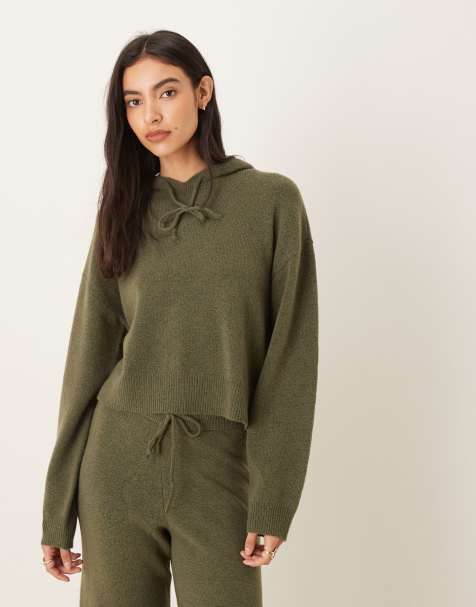 JDY slouchy knit hoodie in khaki - part of a set - view 1