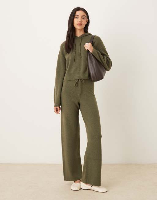 JDY slouchy knitted hoodie co-ord in khaki, 2 of 4