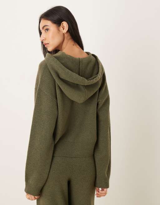 JDY slouchy knitted hoodie co-ord in khaki, 3 of 4