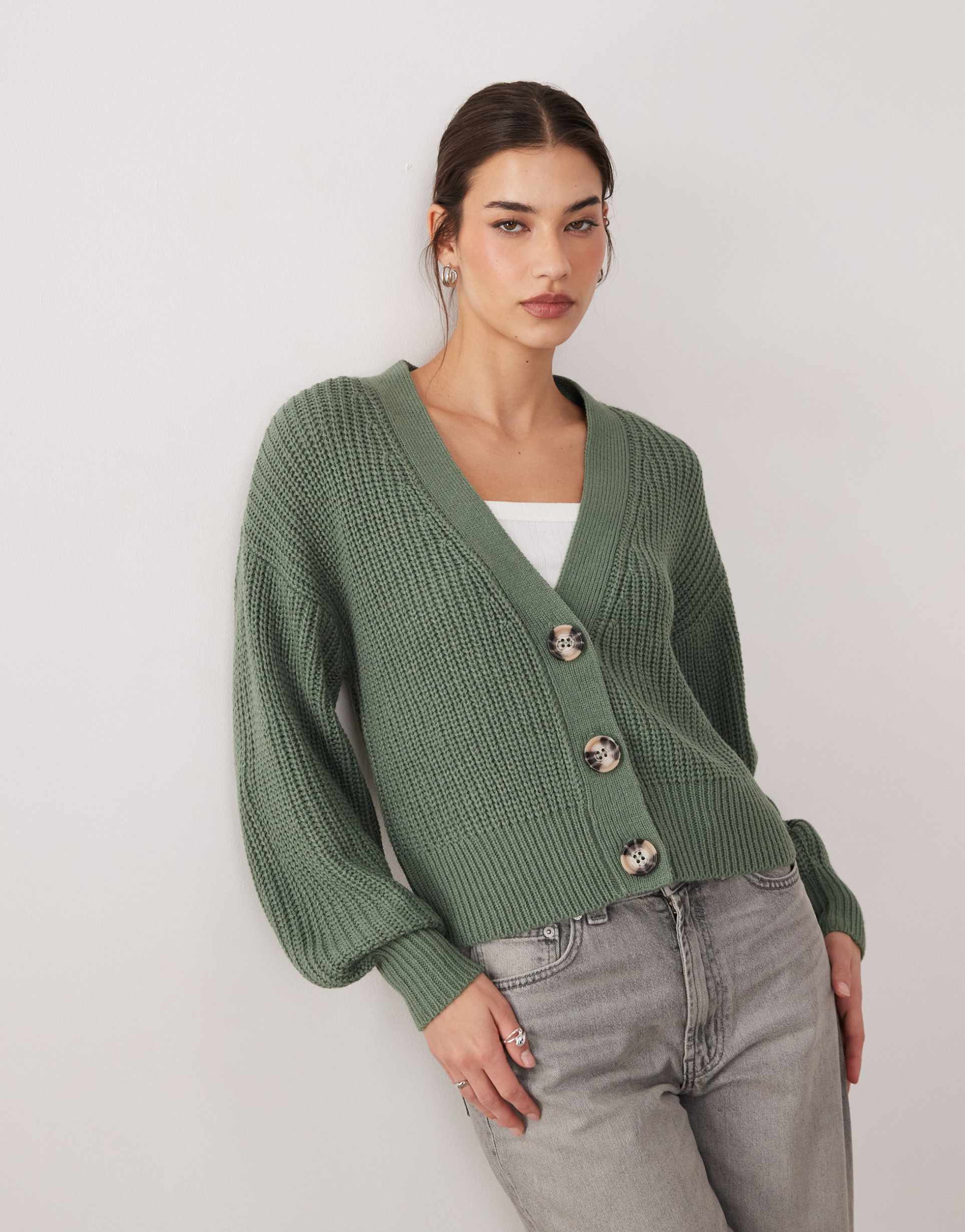 jdy slouchy long sleeve cardigan in mid green