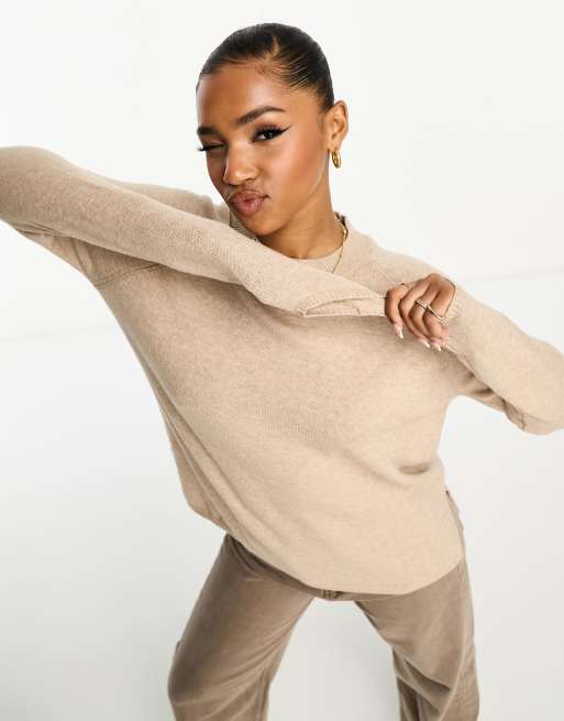 JDY slouchy longline jumper with side split in beige ASOS