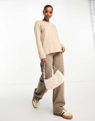 Jdy Slouchy Longline Sweater With Side Split In Beige-neutral