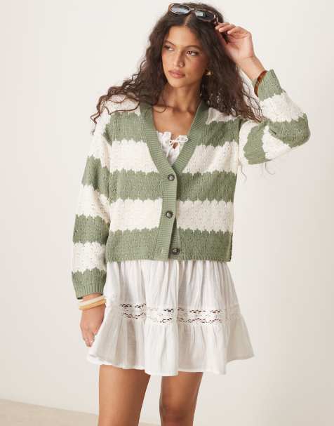 JDY slouchy open knit cardigan in green stripes - view 1