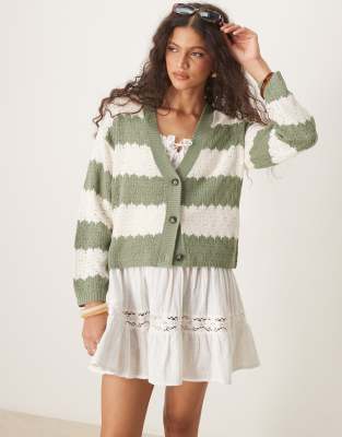 [JDY] JDY slouchy open knit cardigan in green stripes XS Light green