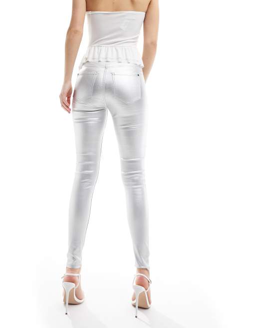JDY - Sølvfarvede, metalliske og højtaljede skinny-jeans, 3 af 5