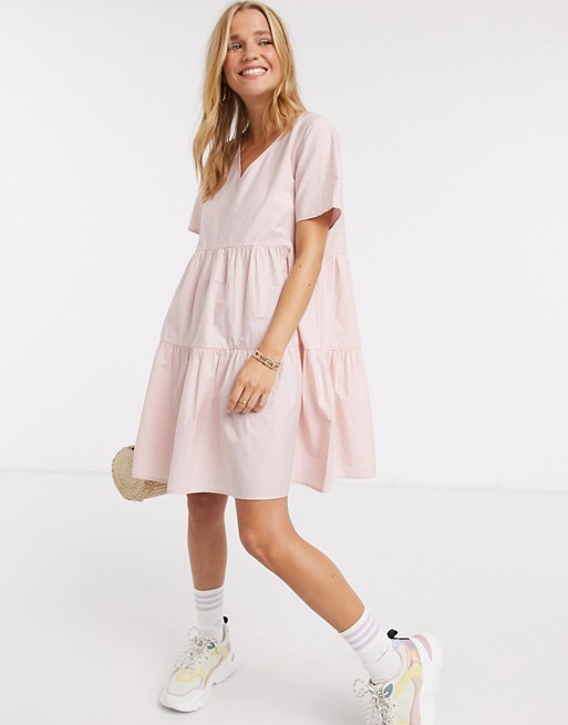 JDY smock dress with tiered skirt in pink