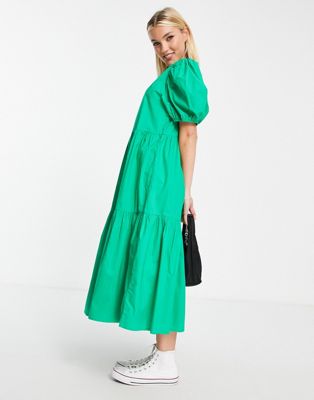 JDY puff sleeve tiered midi smock dress in green