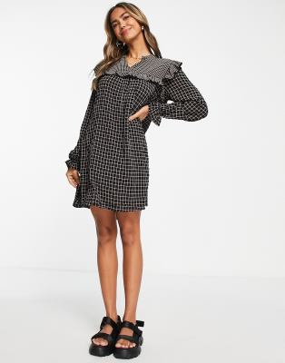 JDY smock mini dress with frill detail in black grid check