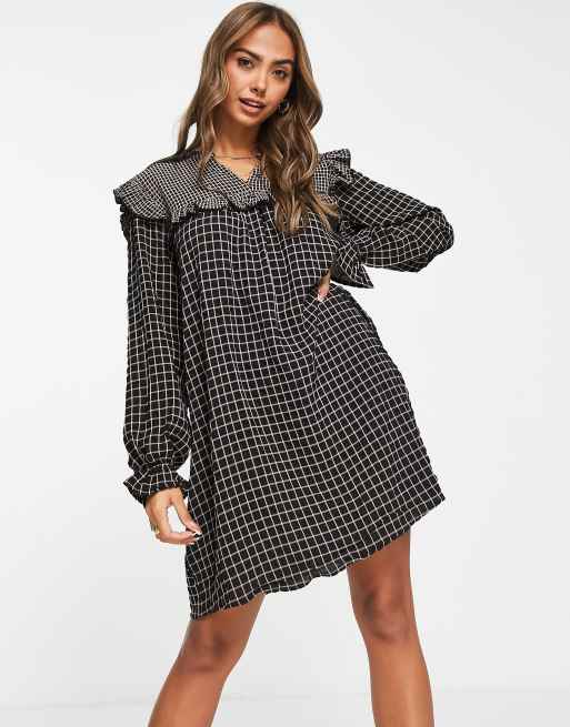 JDY smock mini dress with frill detail in black grid check, 3 of 4