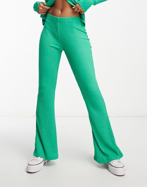 High Waist Ribbed Flared Trousers Green