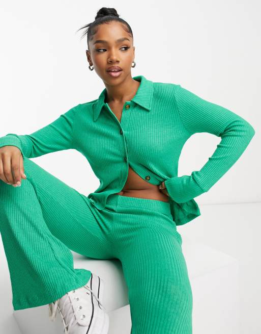 JDY soft ribbed polo shirt co-ord in bright green