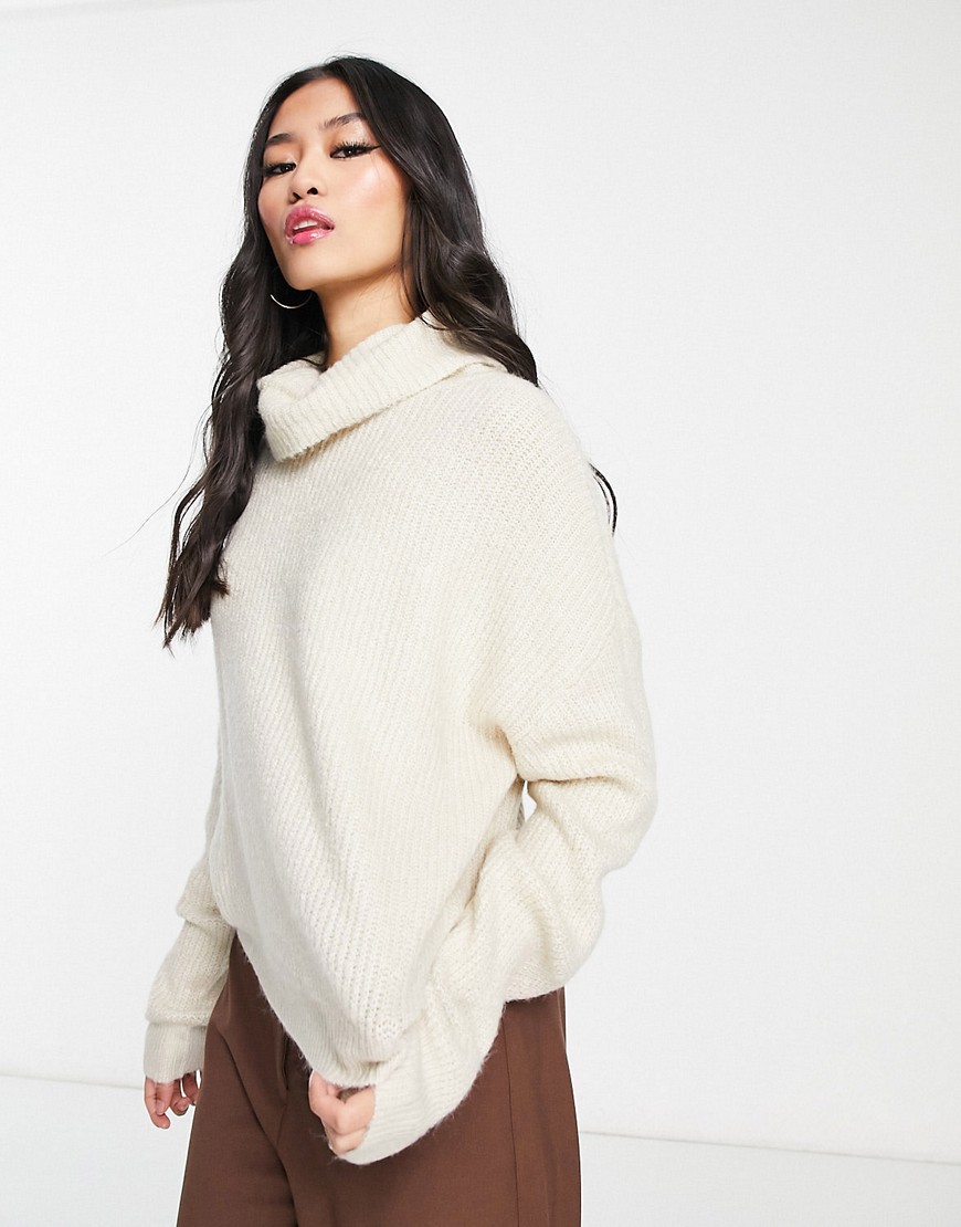 JDY soft ribbed roll neck knitted sweater in cream-Neutral
