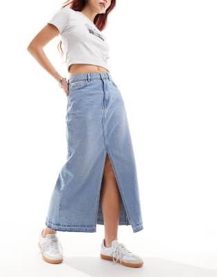 Jdy Split Front Denim Maxi Skirt In Light Wash Blue