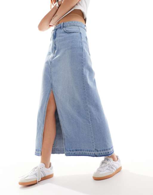 JDY split front denim maxi skirt in light wash blue | ASOS