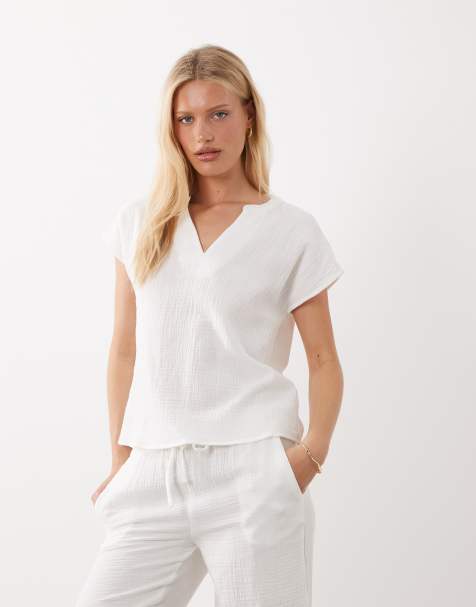 JDY split neck short sleeve cheesecloth top co-ord in white - view 1