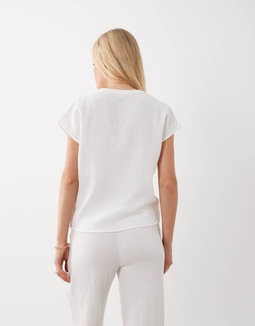JDY split neck short sleeve cheesecloth top co-ord in white, 3 of 4