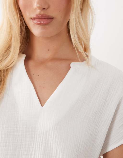 JDY split neck short sleeve cheesecloth top co-ord in white, 4 of 4