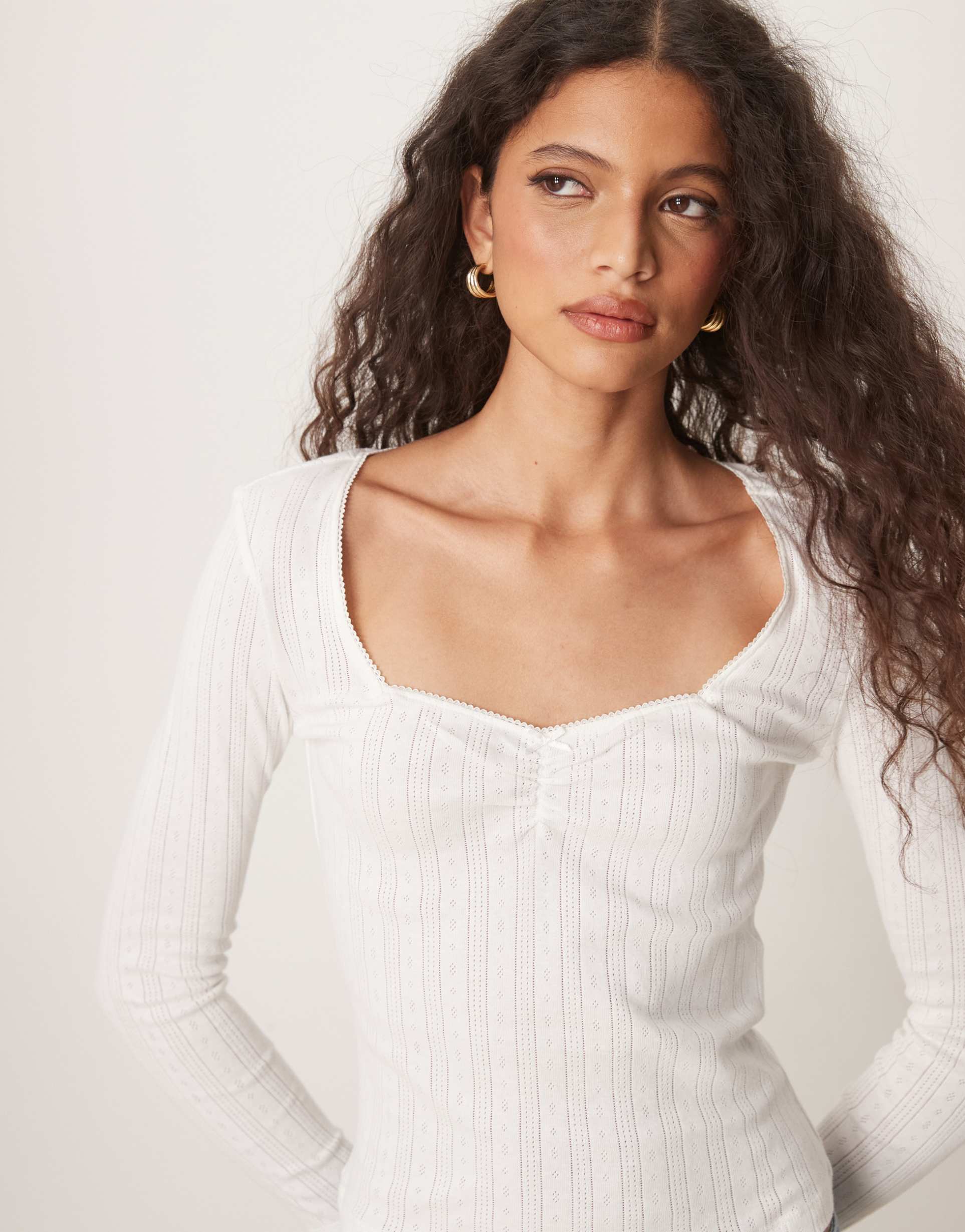 jdy square neck long sleeve pointelle top in white
