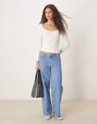 Jdy Square Neck Long Sleeve Pointelle Top In White